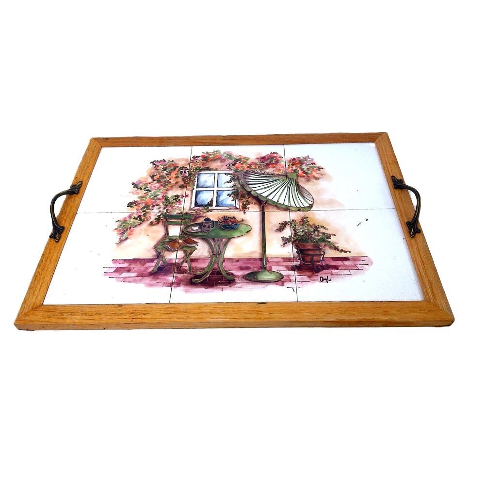 Vintage Empty Nest Ceramic Tile Wood Serving Tray Bistro French Café Scene